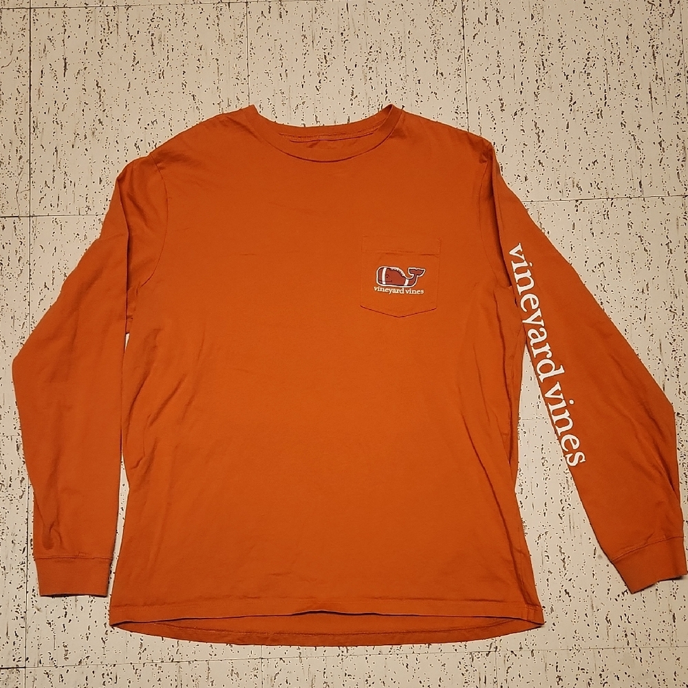 Vineyard Vines Orange Football Spellout Logo Long Sleeve Tee